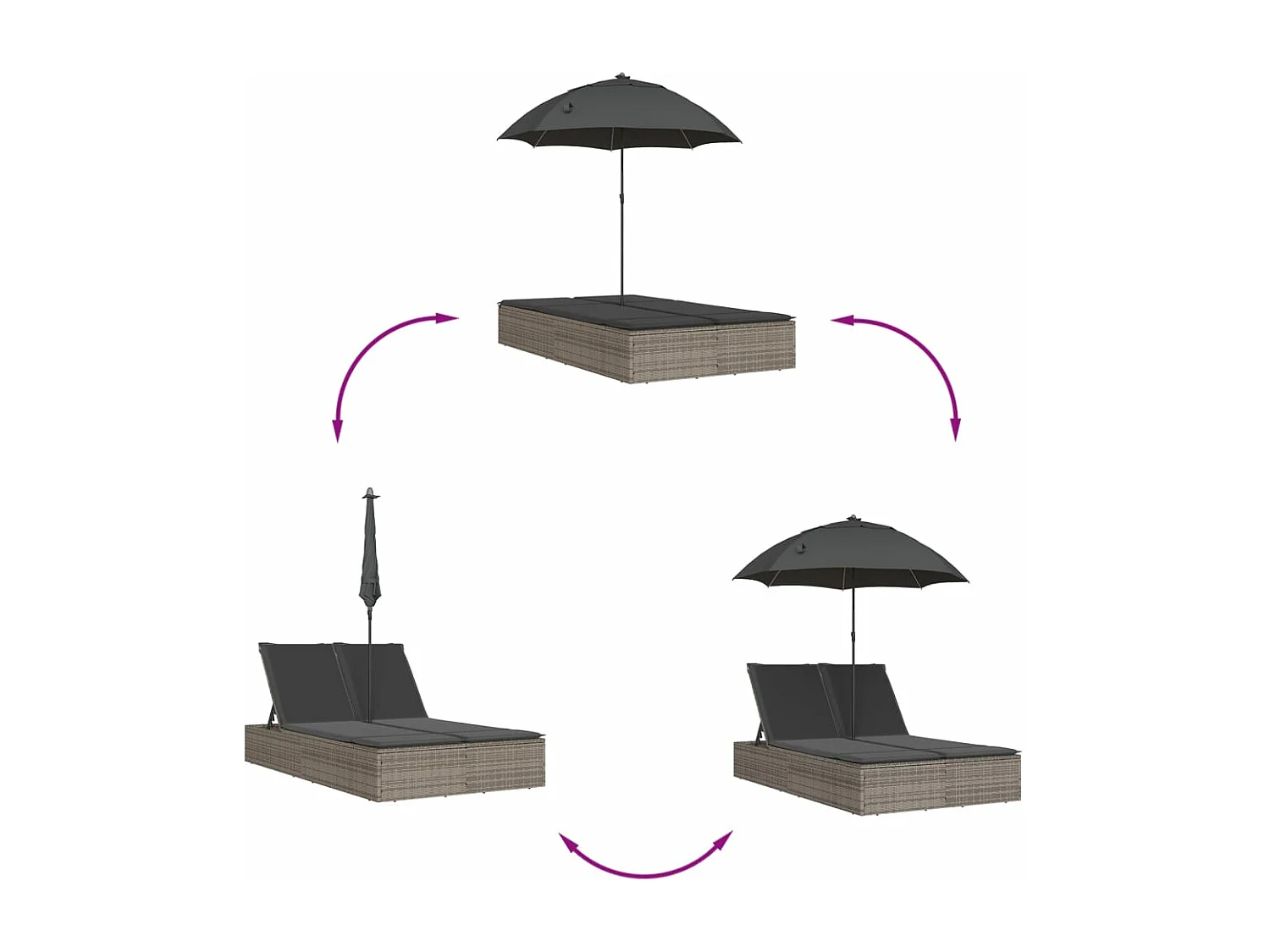 Chaise longue double et coussins et parasol gris résine tressée