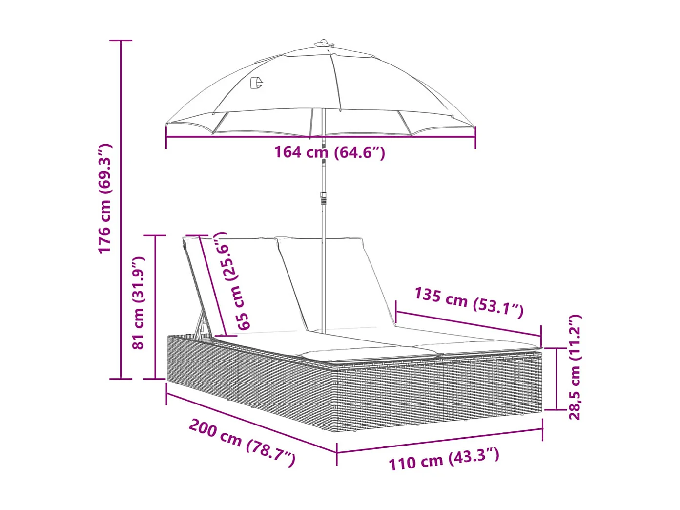 Chaise longue double et coussins et parasol gris résine tressée