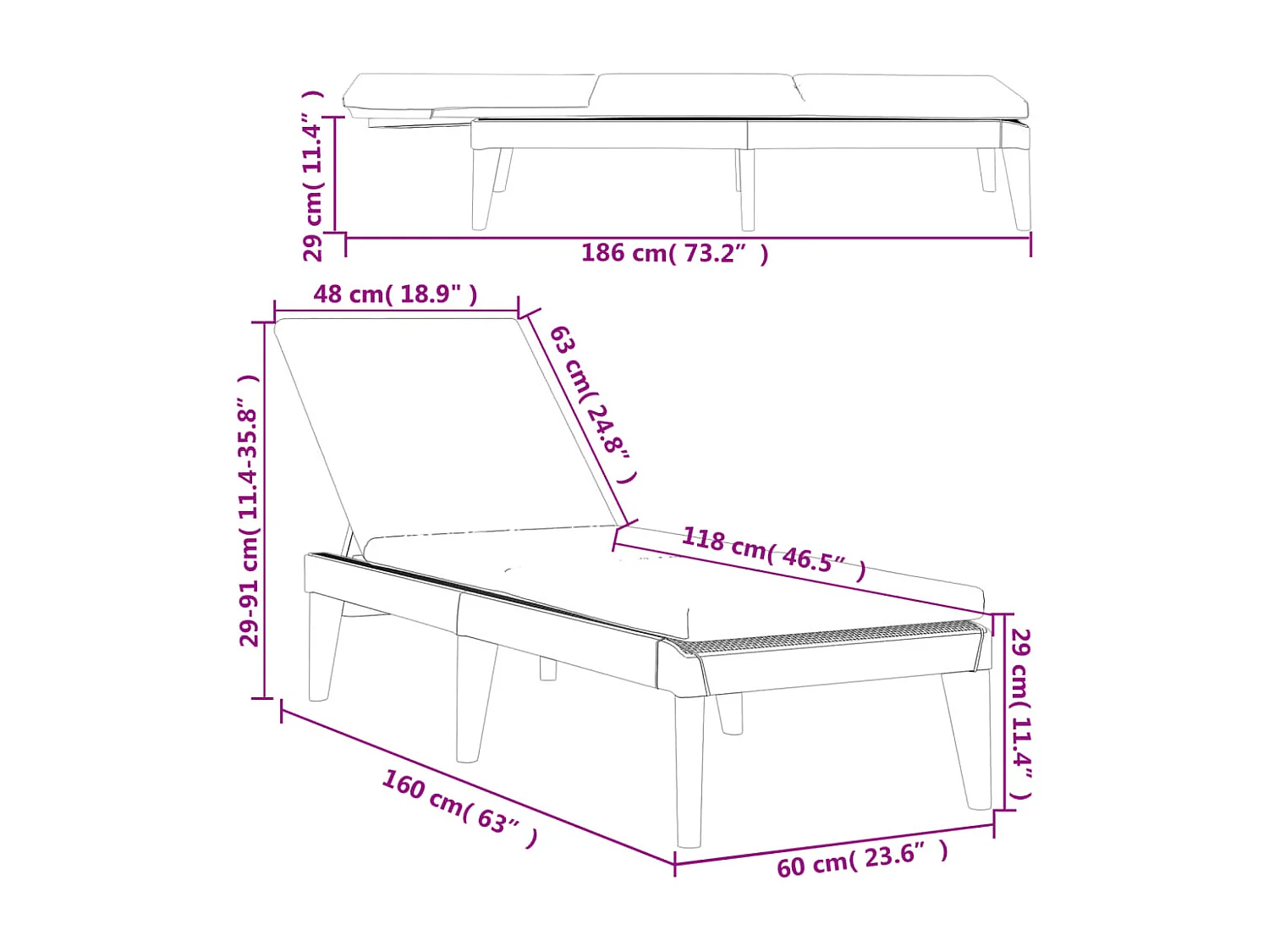 Chaise longue avec coussin anthracite 186x60x29 cm PP
