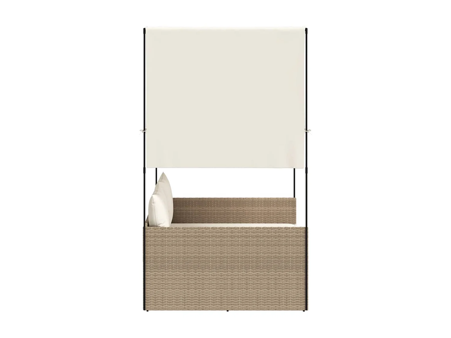 Sillón doble con techo y cortinas de resina tejida en color beige.