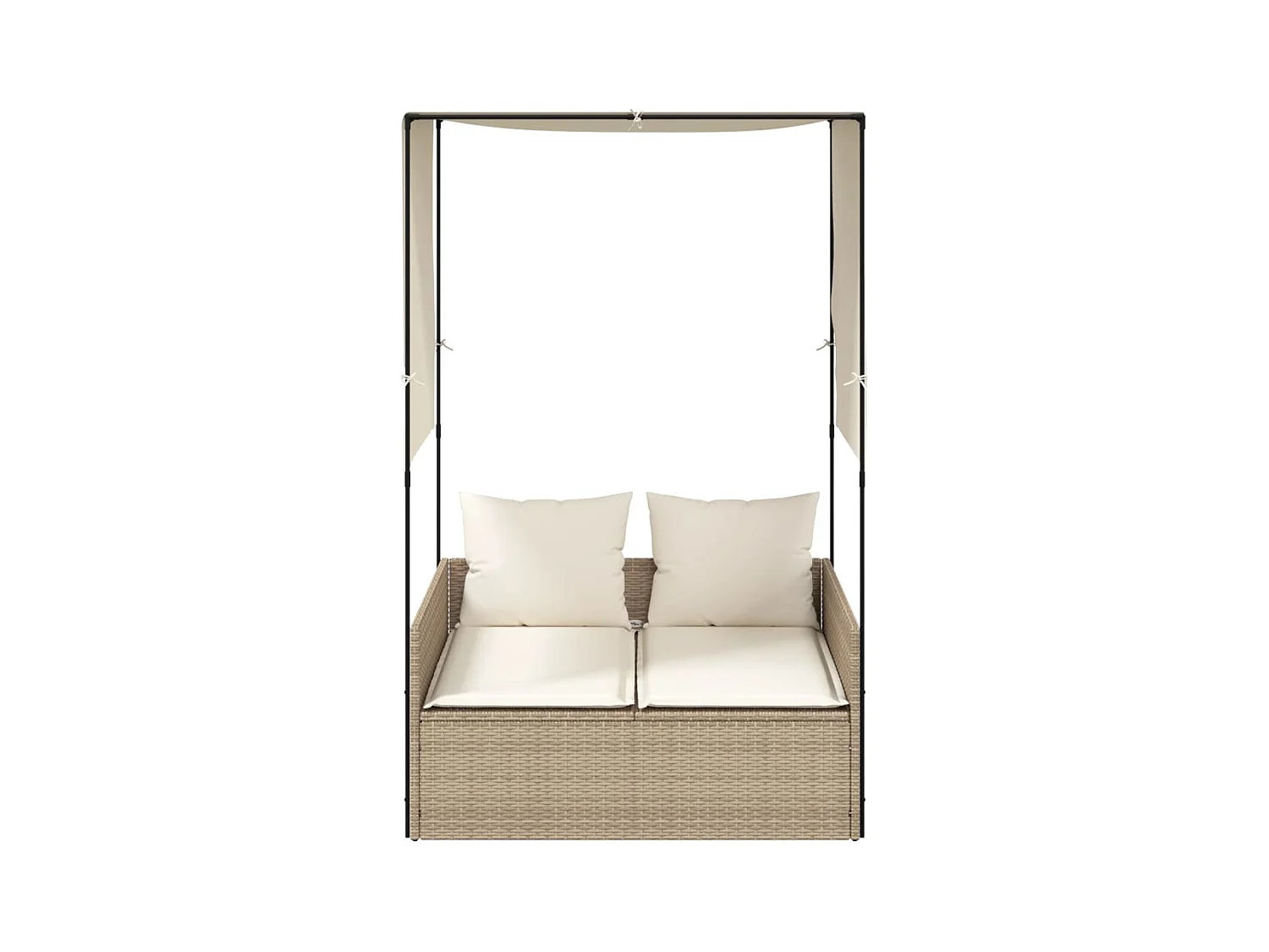 Chaise longue double avec toit et rideaux beige résine tressée