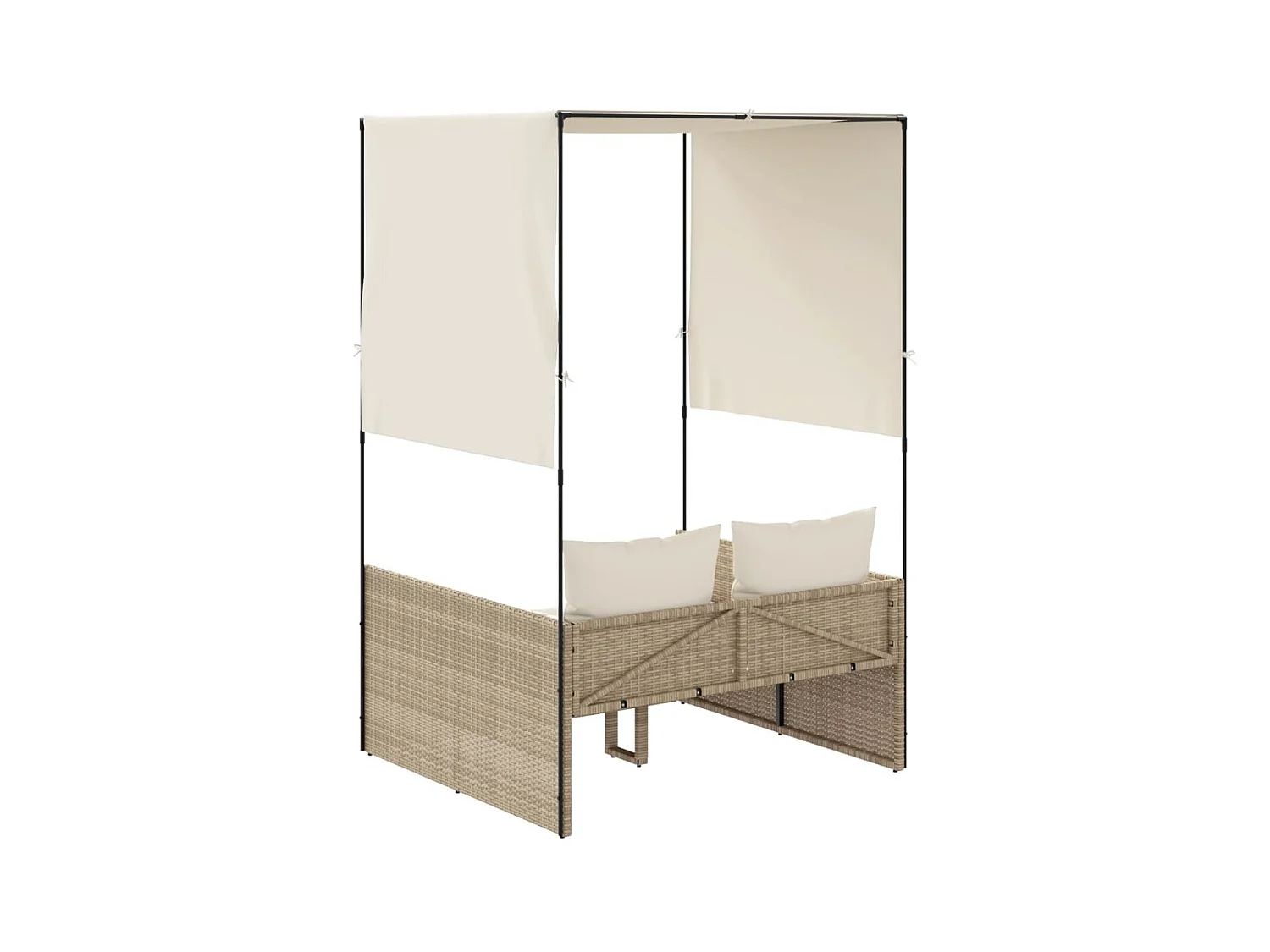 Chaise longue double avec toit et rideaux beige résine tressée