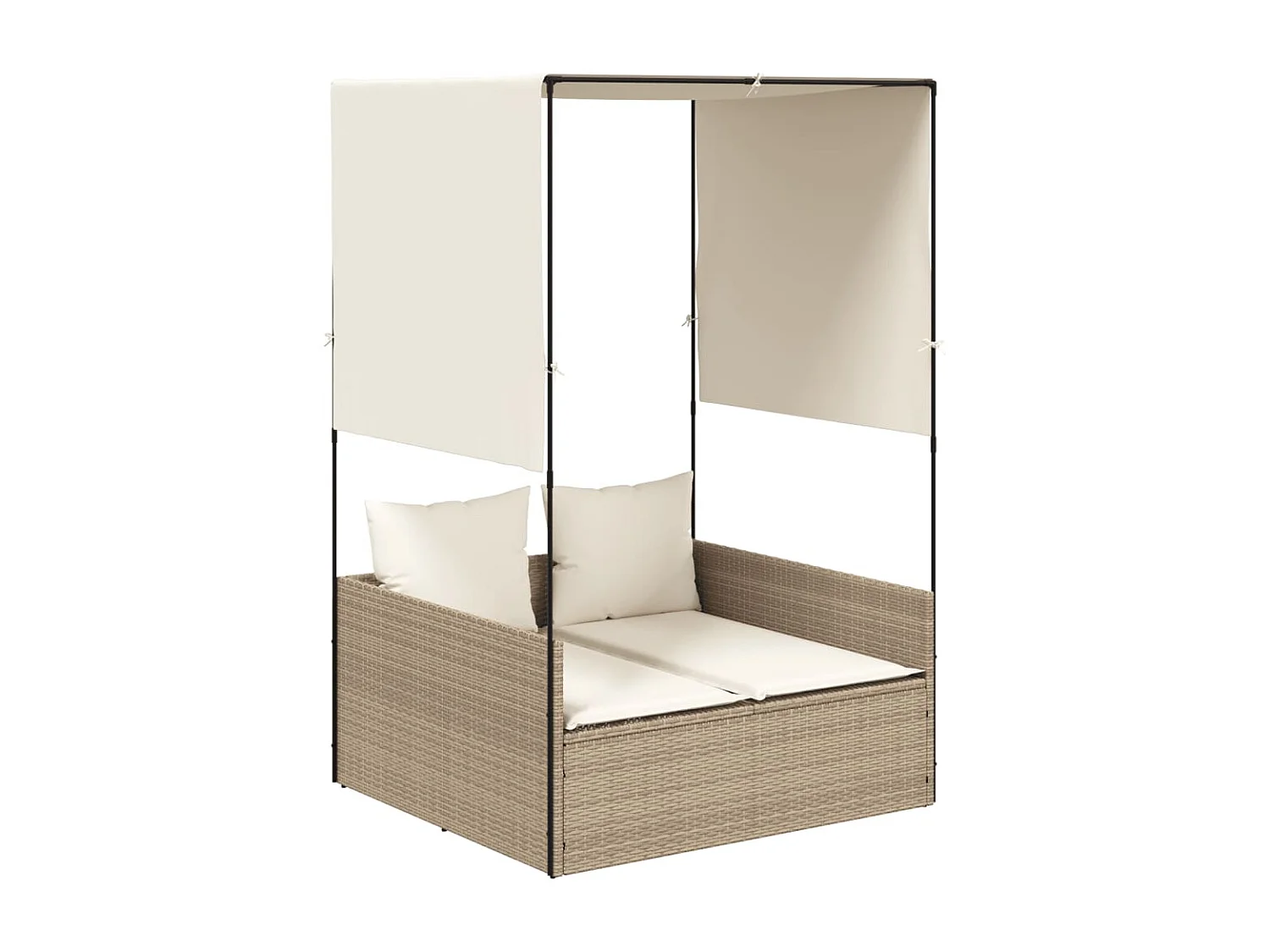 Chaise longue double avec toit et rideaux beige résine tressée