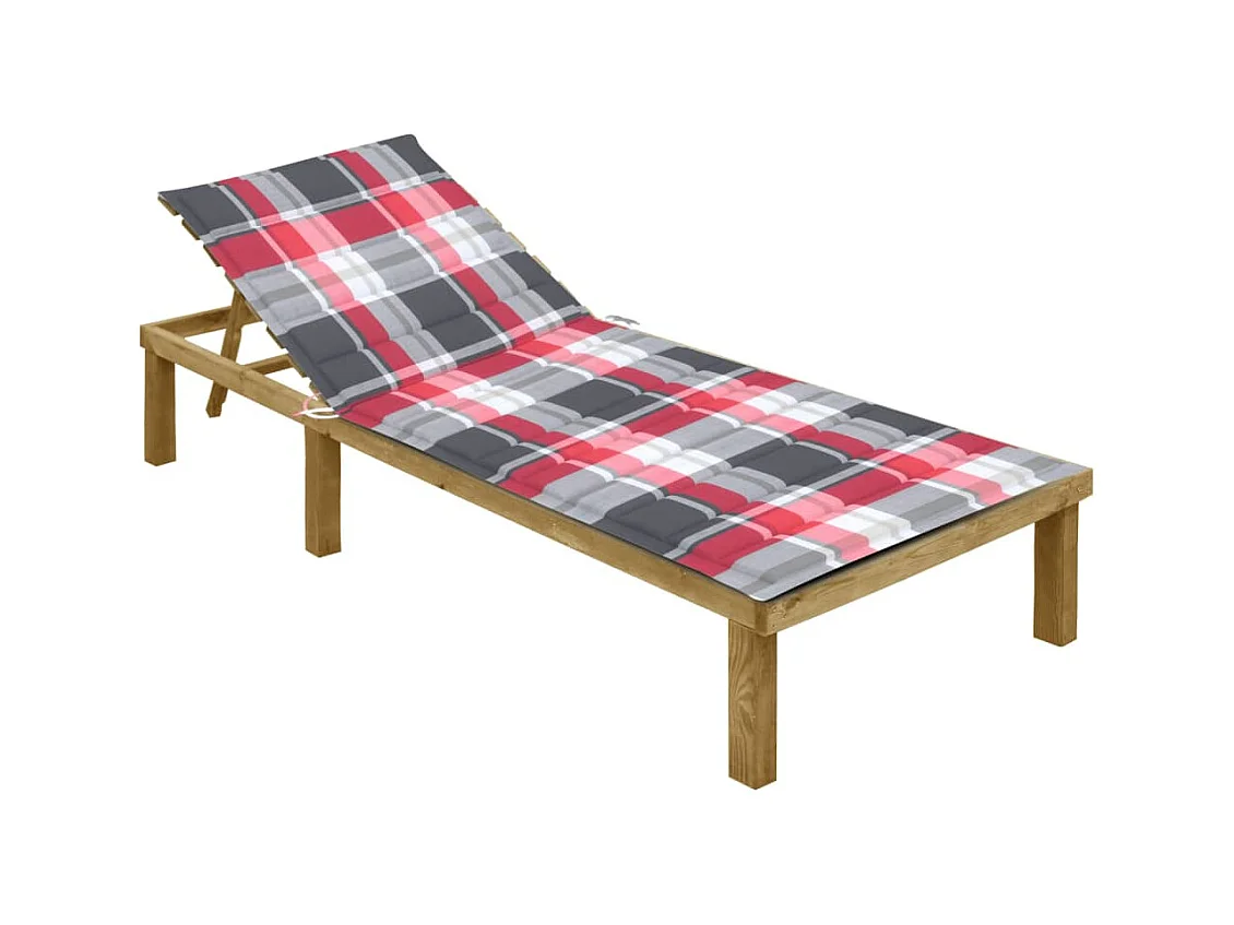 Chaise longue avec coussin carreaux rouge Bois de pin imprégné