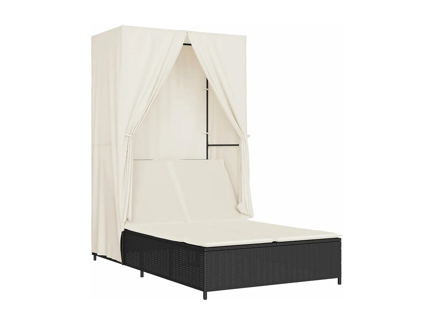 Sillón doble con techo y cortinas de resina tejida en negro.