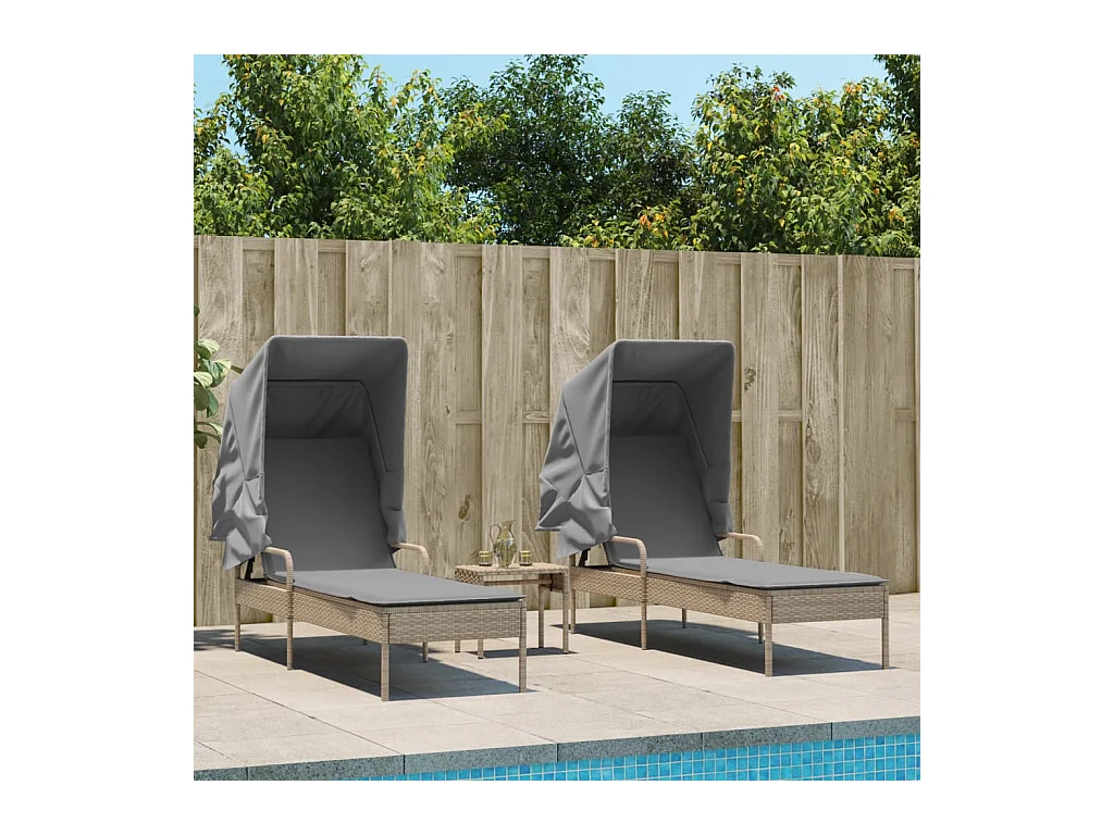 Chaises longues lot de 2 avec auvents et table beige poly rotin