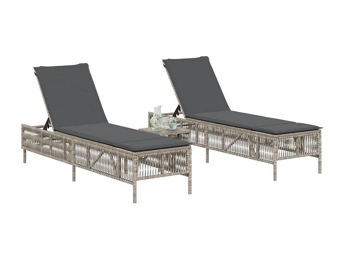 Conjunto de 2 cadeiras de praia com mesa de resina tecida cinza claro