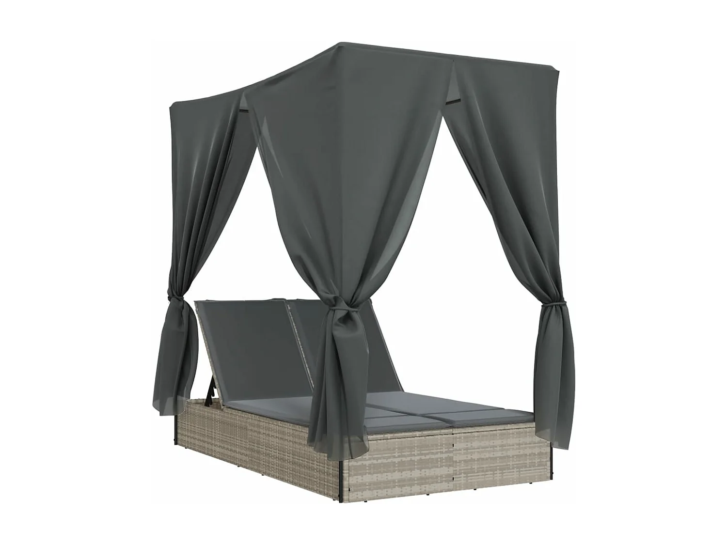 Chaise longue double avec toit et rideaux gris clair poly rotin