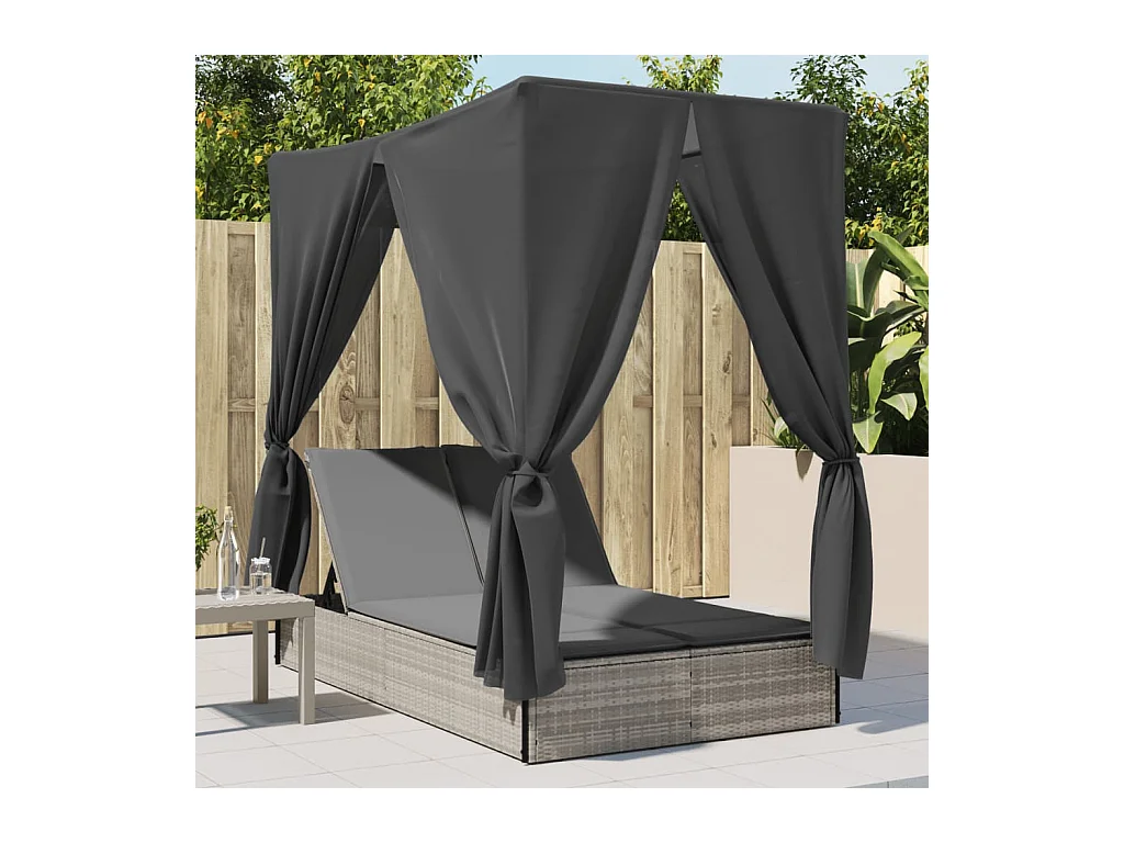 Poltrona lounge doppia con tetto in polyrattan grigio chiaro e tende