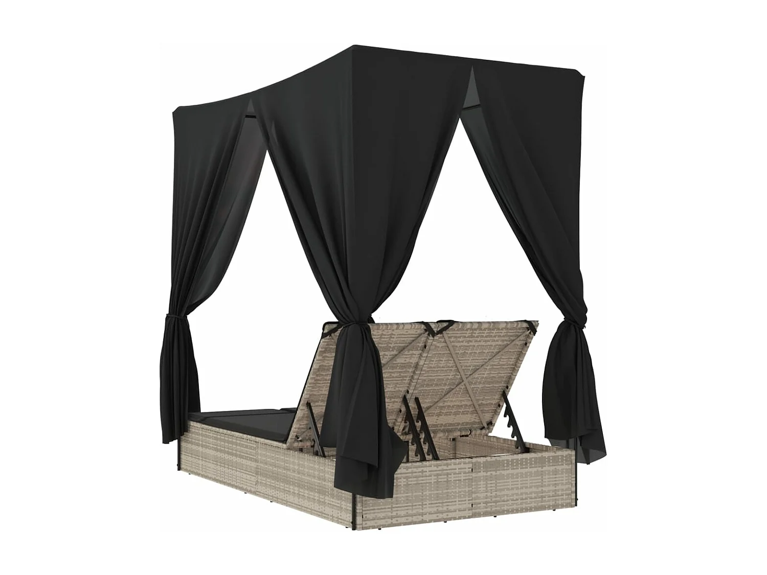 Chaise longue double avec toit et rideaux gris clair poly rotin