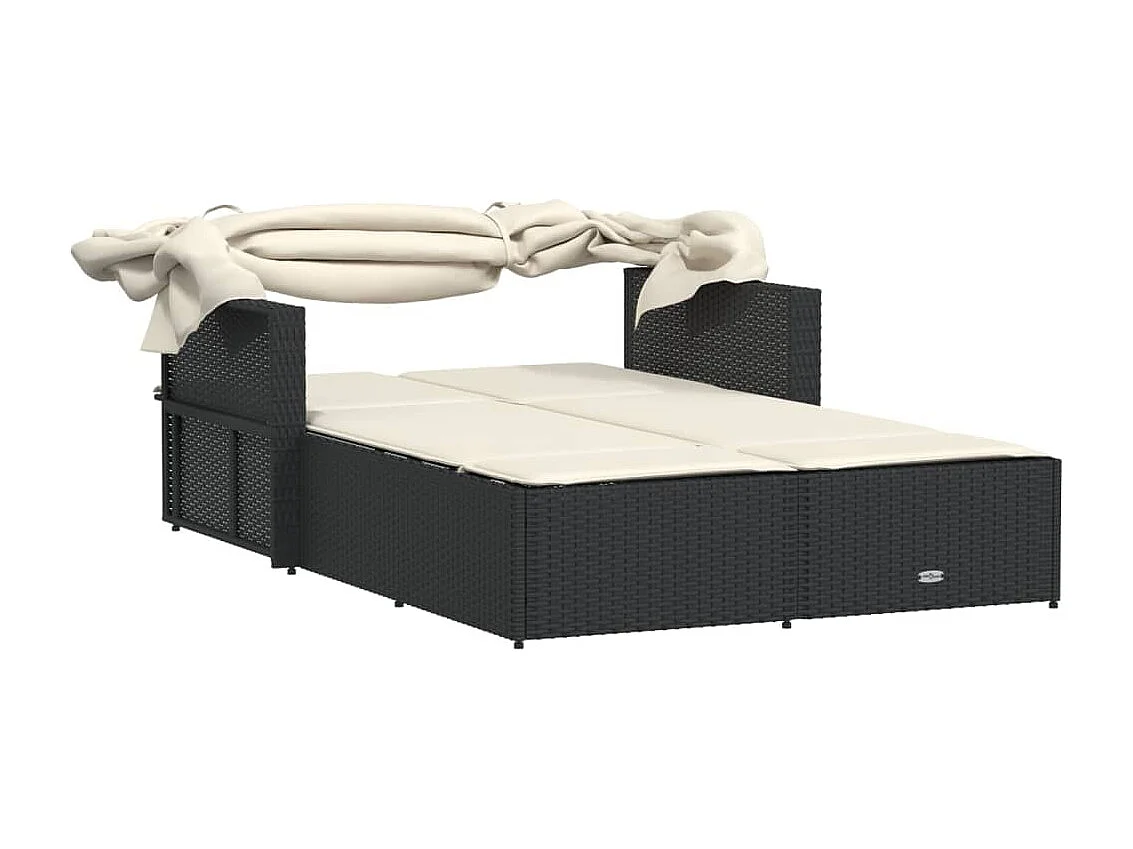 Chaise longue double et auvent et coussins noir résine tressée