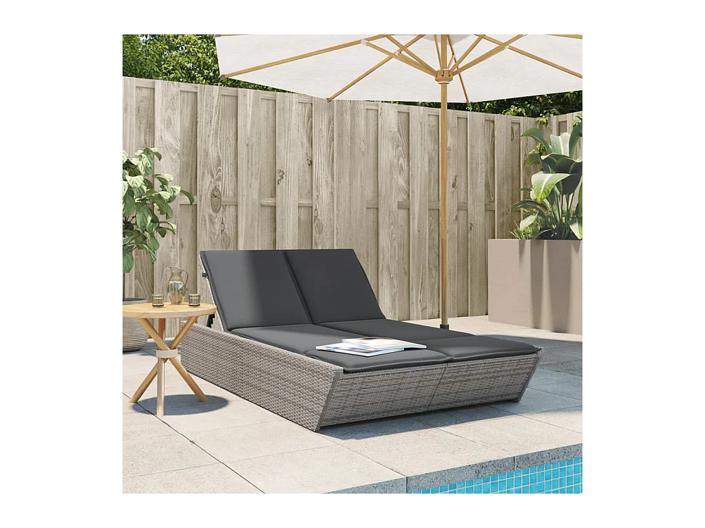 Chaise longue double avec coussins gris résine tressée