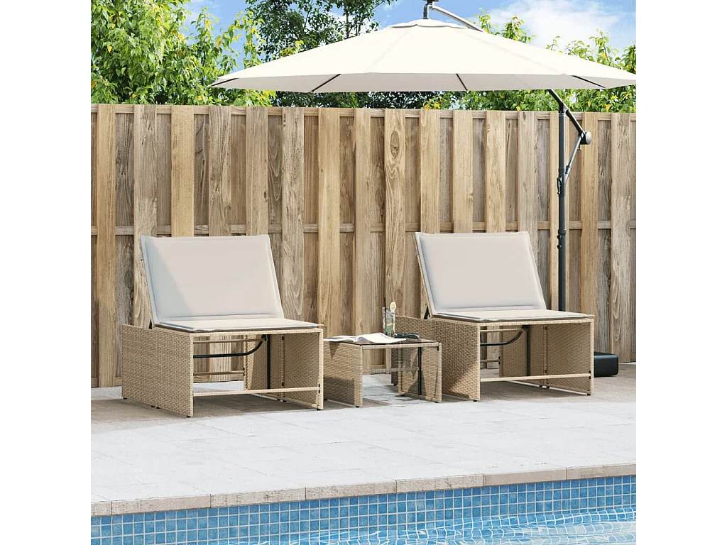 Conjunto de 2 cadeiras de praia com mesa de resina tecida bege