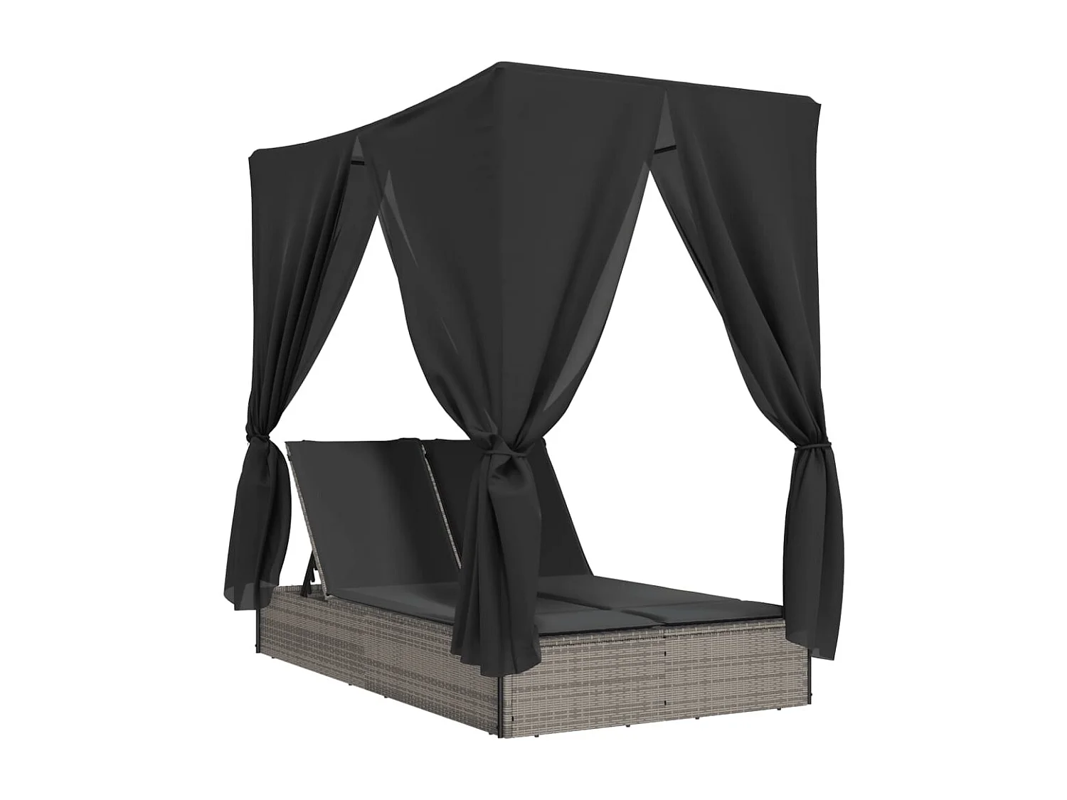 Chaise longue double avec toit et rideaux gris résine tressée