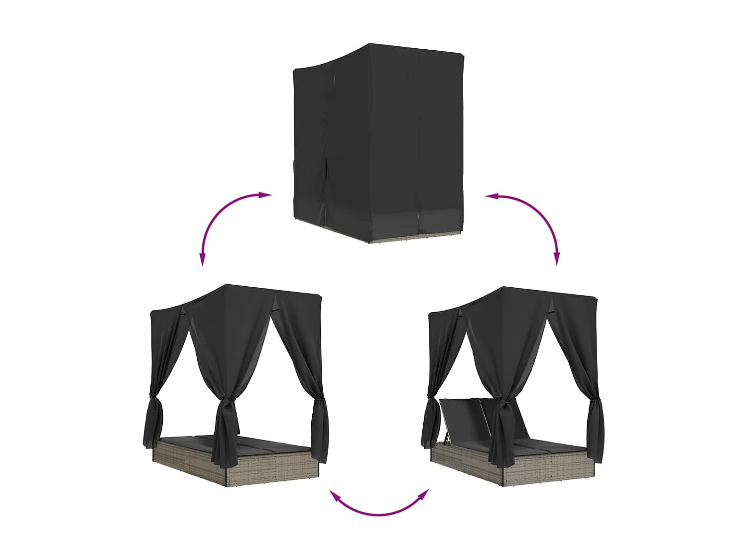 Chaise longue double avec toit et rideaux gris résine tressée