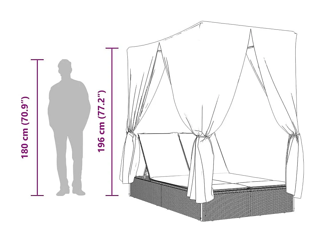 Chaise longue double avec toit et rideaux gris résine tressée