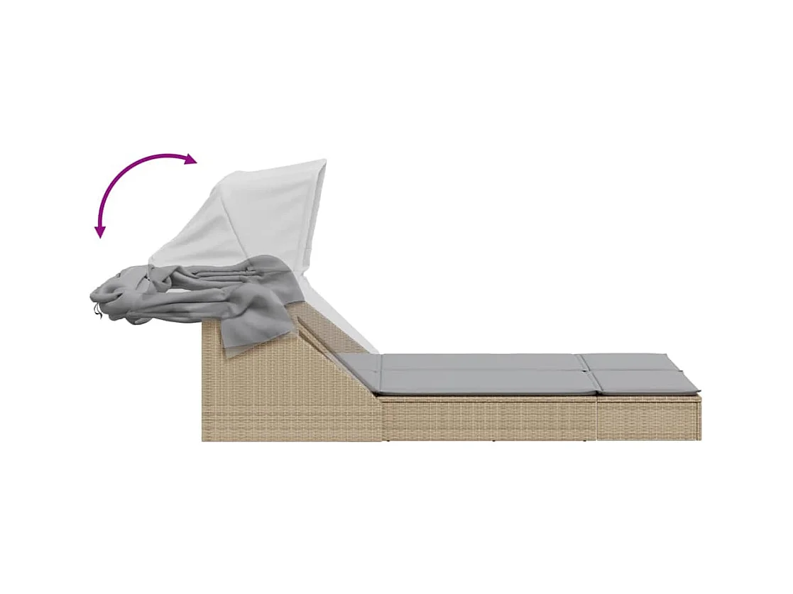 Sillón doble con dosel y cojines de polirratán beige.