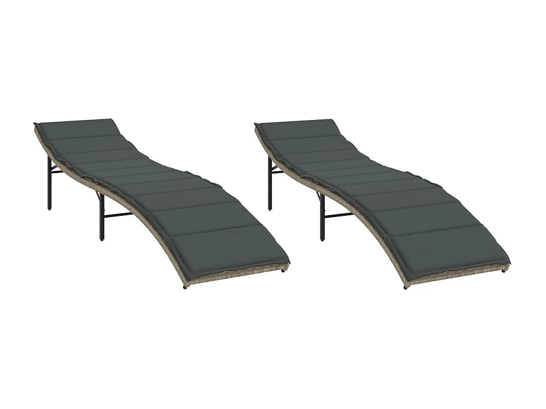 Chaises longues lot de 2 et coussins gris clair résine tressée