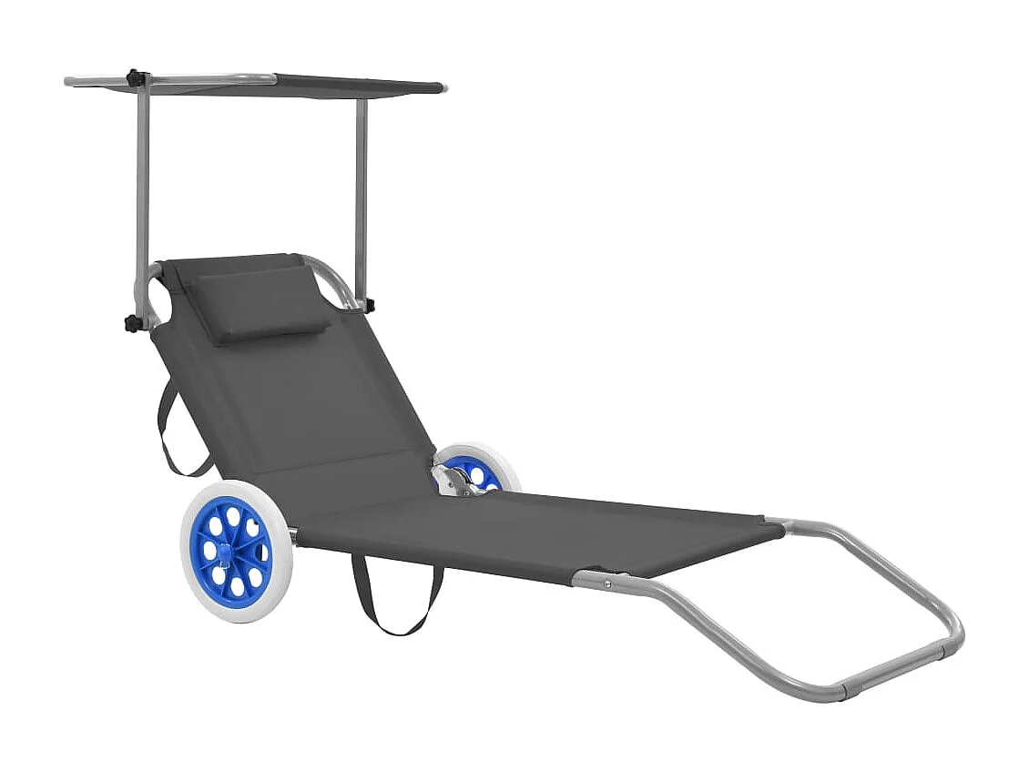 Chaise longue pliable avec auvent et roues Acier Gris