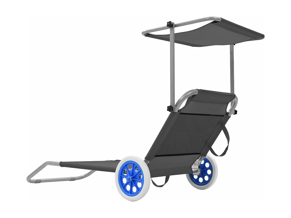 Chaise longue pliable avec auvent et roues Acier Gris
