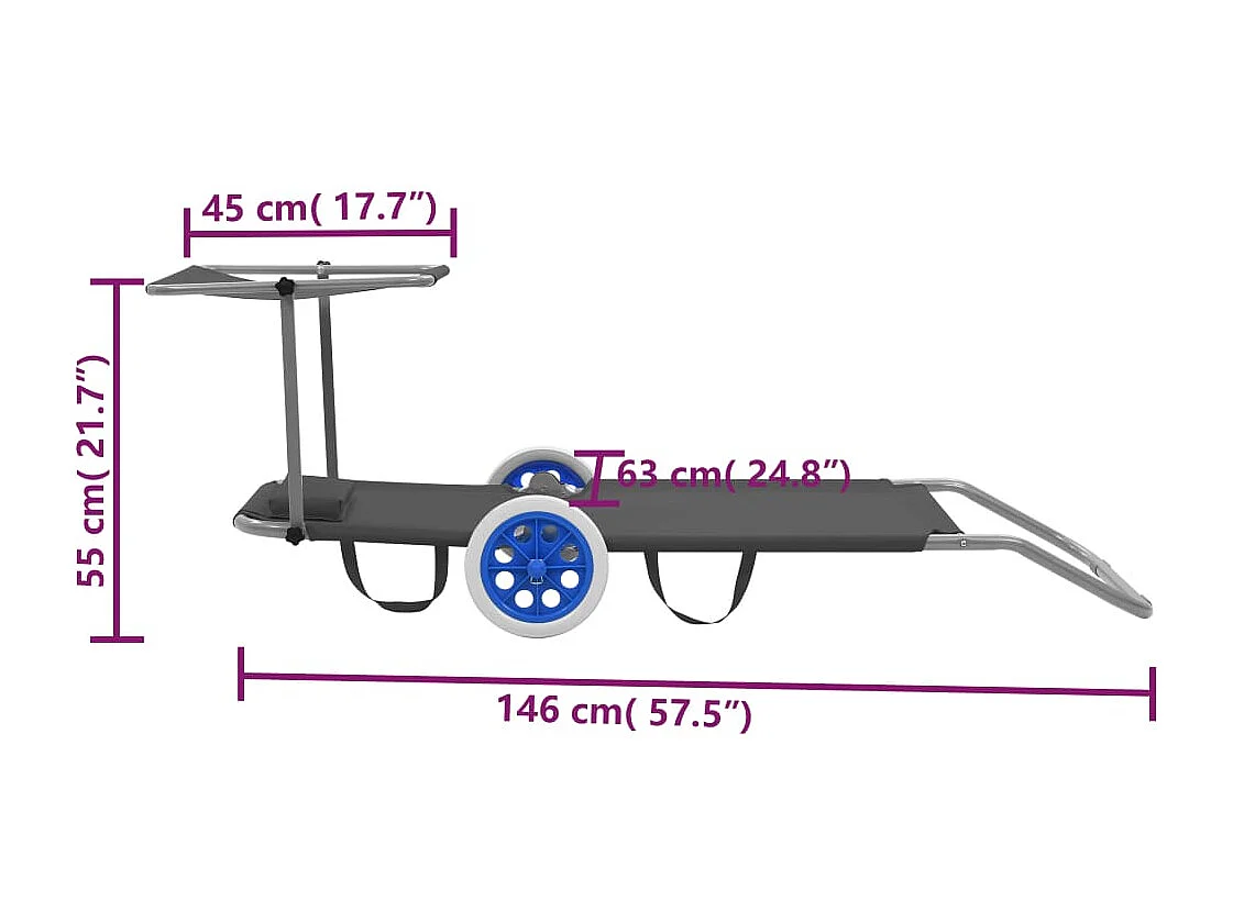 Chaise longue pliable avec auvent et roues Acier Gris