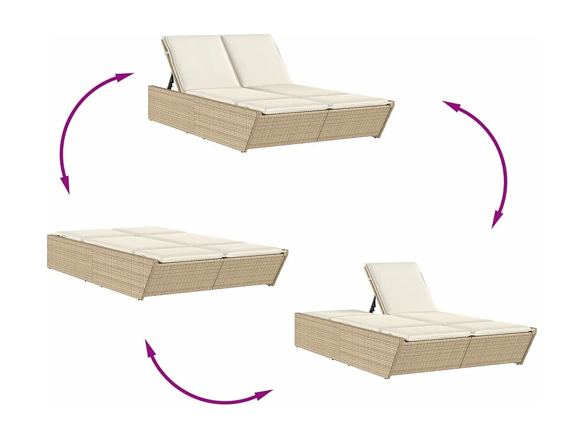 Sillón doble con cojines de resina tejida beige.