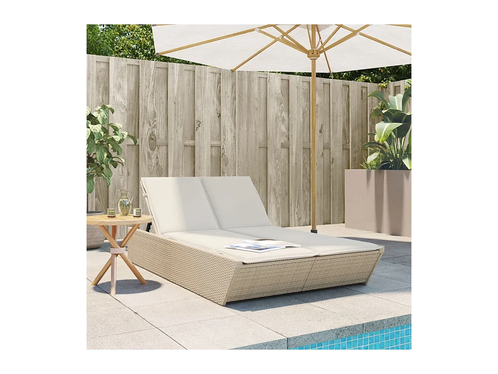 Chaise longue double avec coussins beige résine tressée