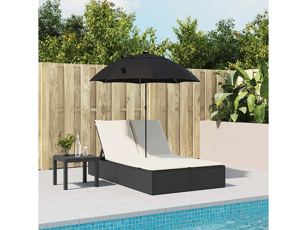 Chaise longue double et coussins et parasol noir résine tressée