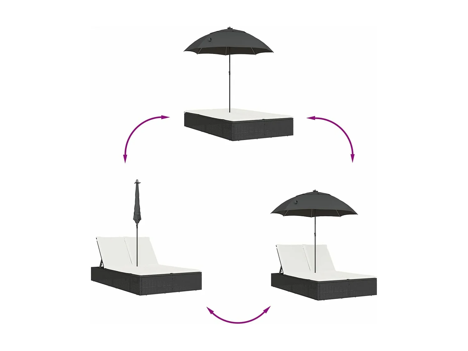 Chaise longue double et coussins et parasol noir résine tressée