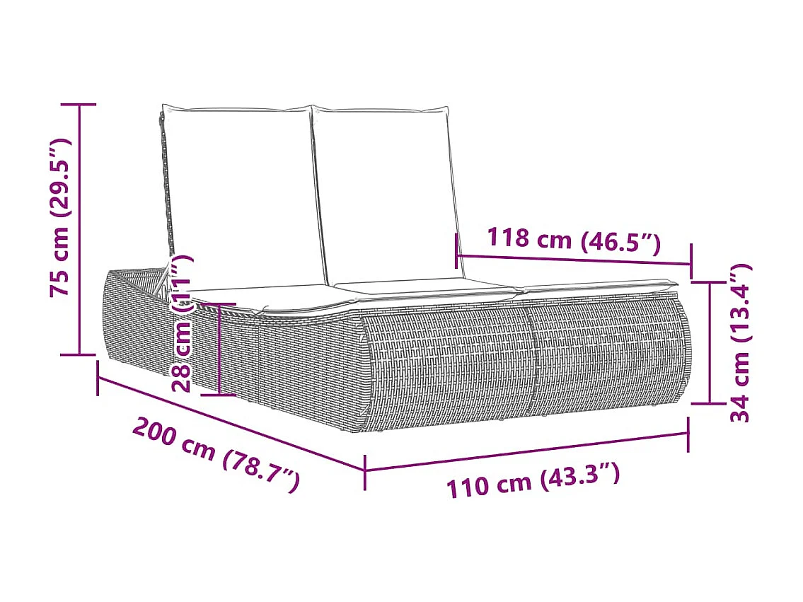 Chaise longue double avec coussins beige résine tressée