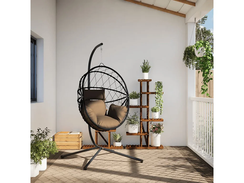 Chaise suspendue en forme d'œuf et support taupe rotin et acier