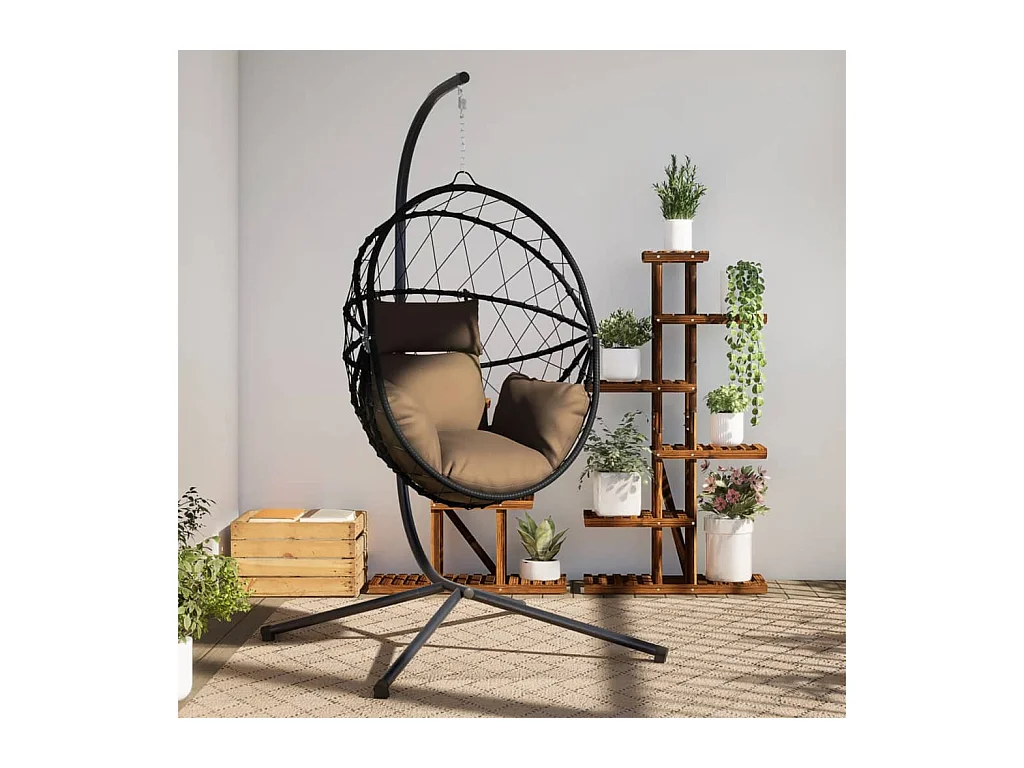 Chaise suspendue en forme d'œuf et support taupe rotin et acier