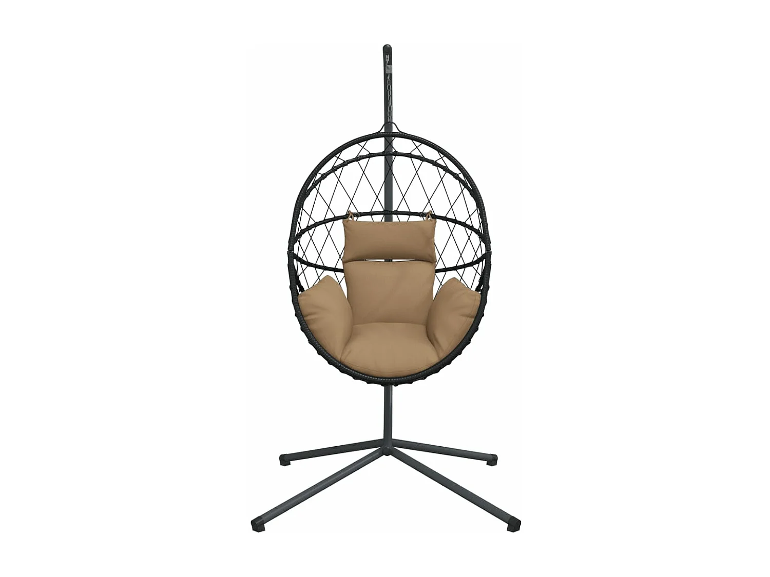 Poltroncina sospesa a forma di uovo e supporto in rattan tortora e acciaio