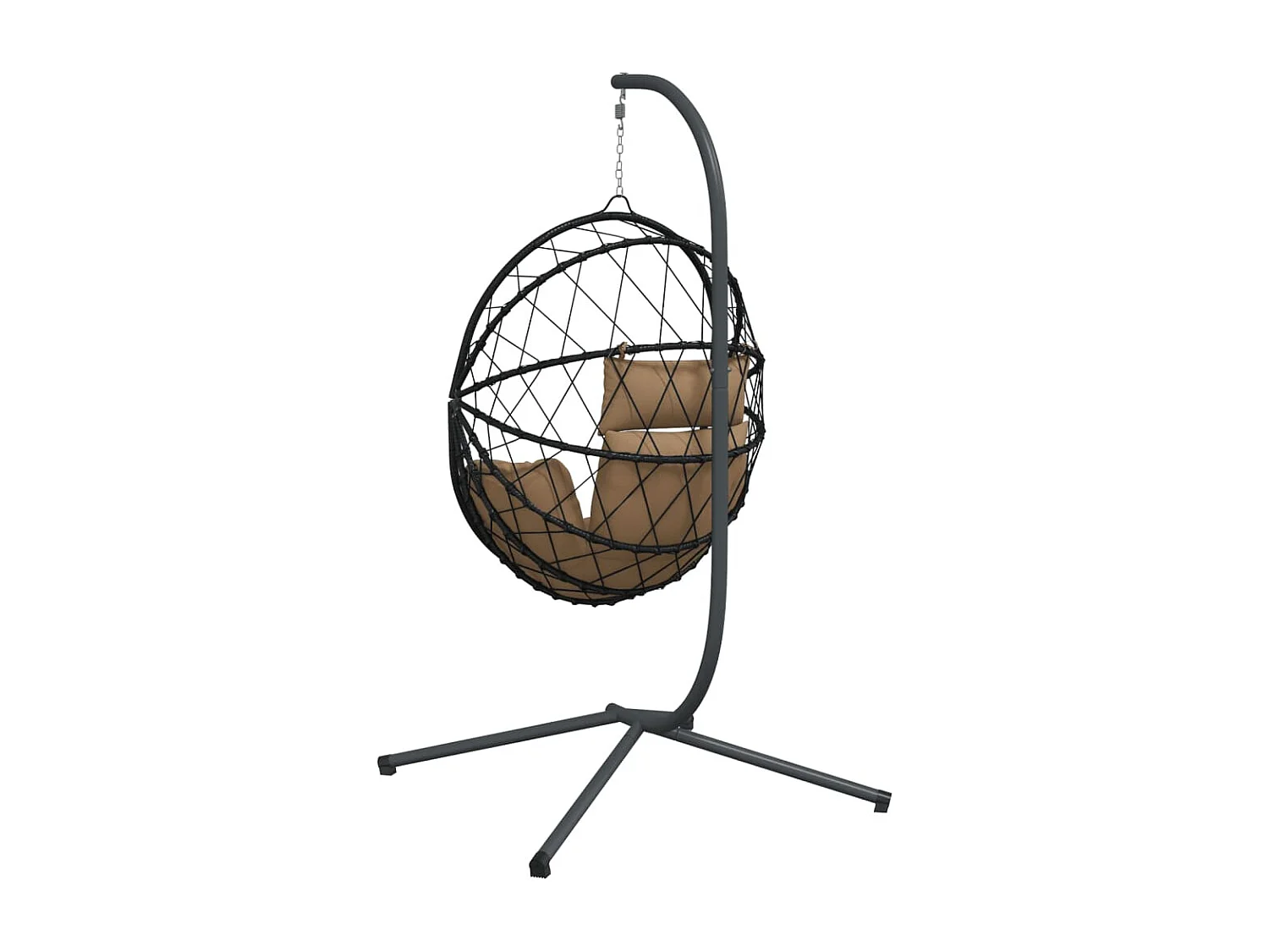 Poltroncina sospesa a forma di uovo e supporto in rattan tortora e acciaio