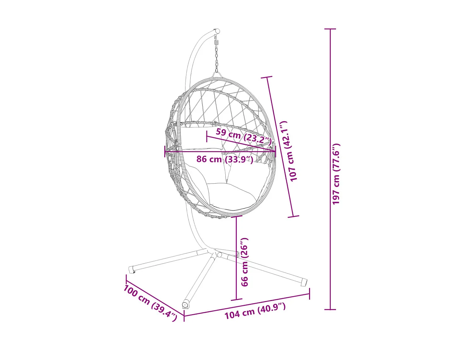 Poltroncina sospesa a forma di uovo e supporto in rattan tortora e acciaio