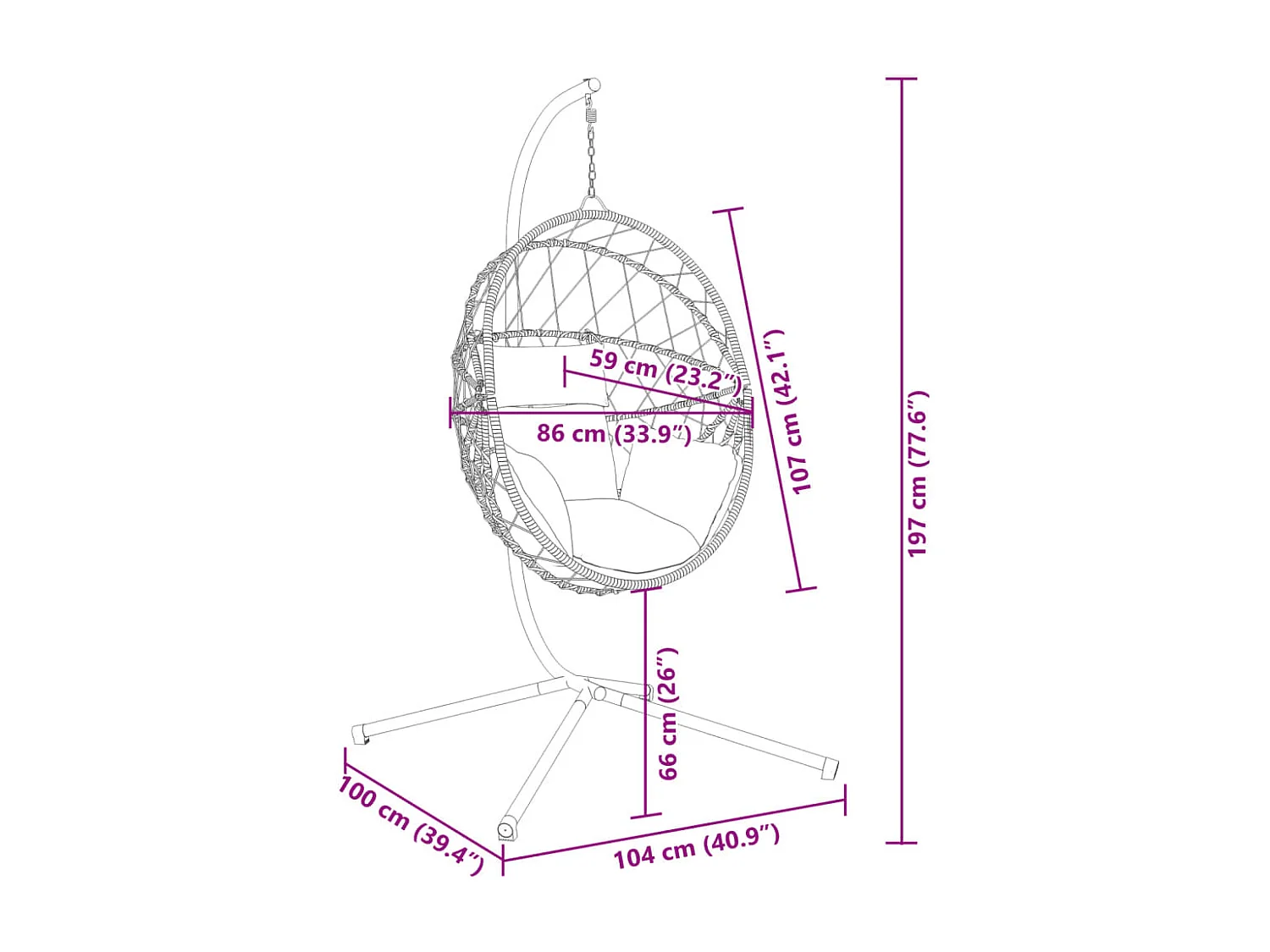 Silla colgante en forma de huevo y soporte de ratán y acero beige