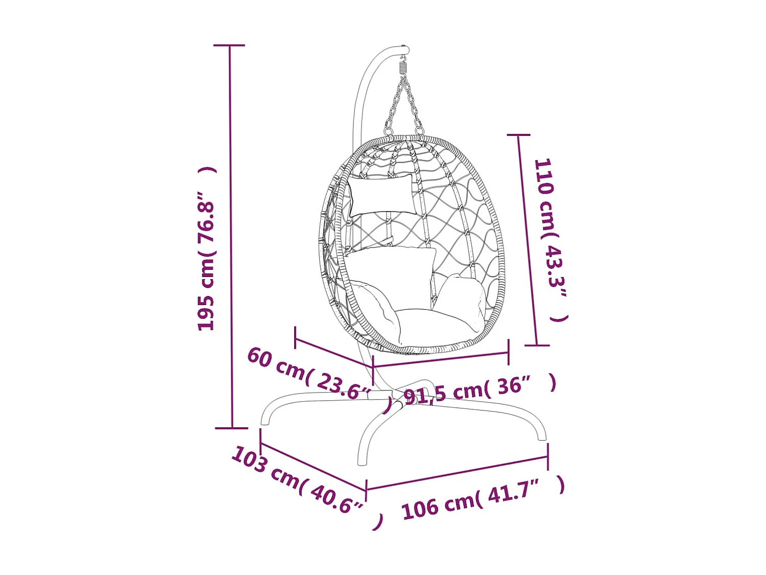 Chaise suspendue en forme d'œuf avec coussin taupe