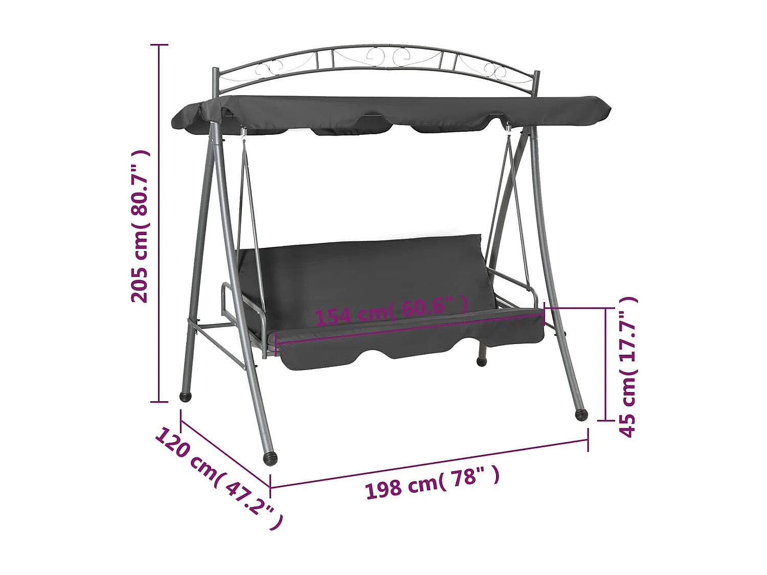 Balancelle convertible à auvent Anthracite 198x120x205 cm Acier