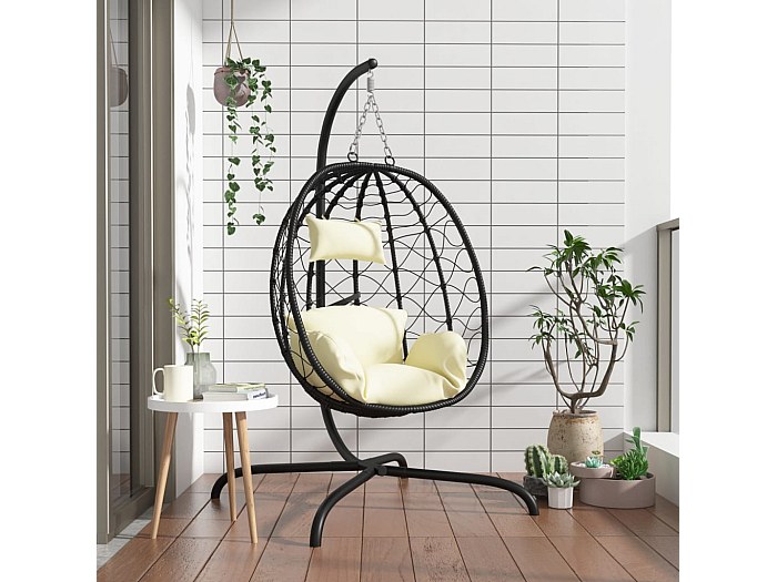 Chaise De Salon | Chaise Suspendue En Forme D'œuf Et Support Gris Rotin Et Acier Cfw875193 93233528
