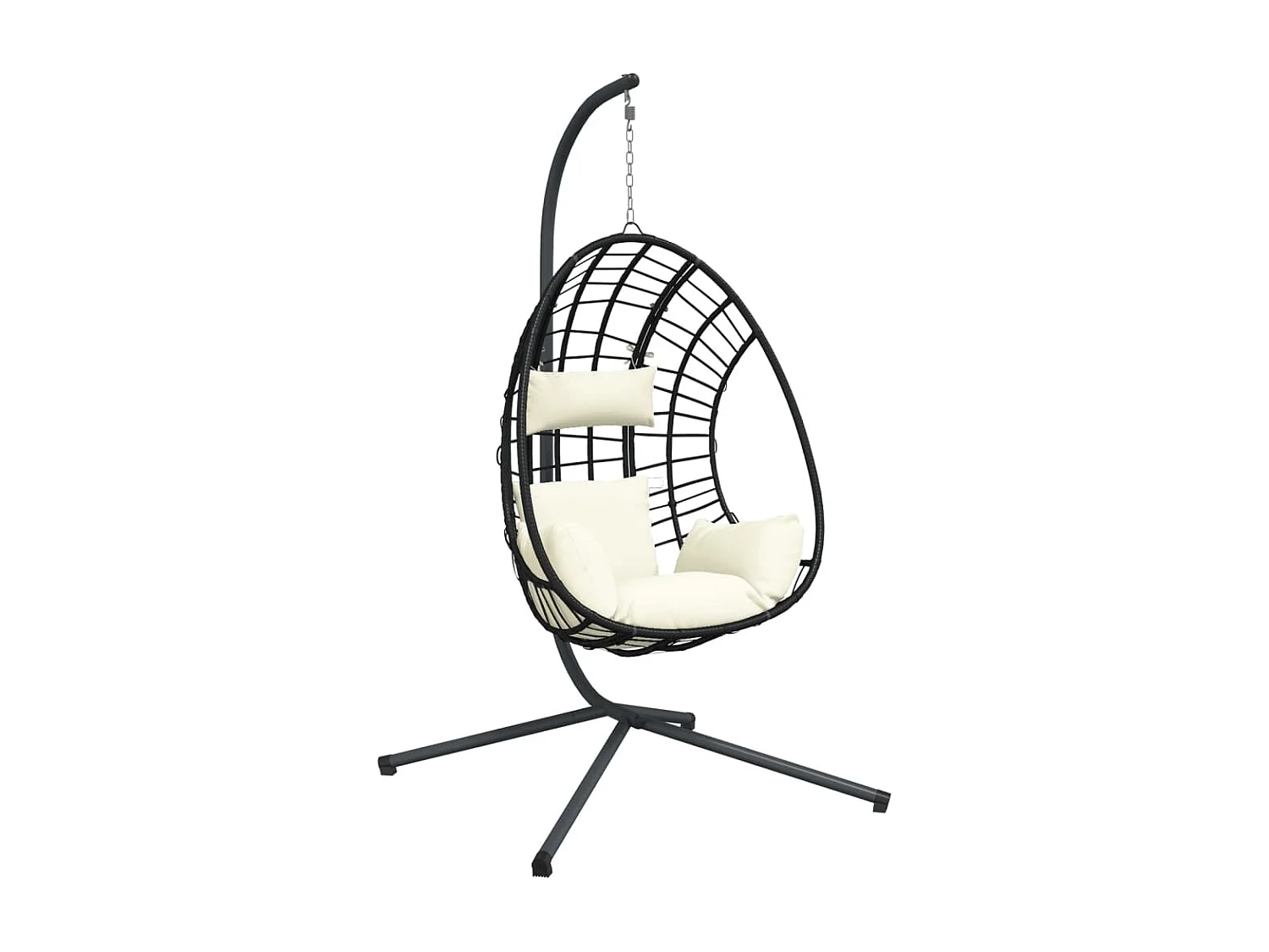 Eivormige hangstoel en beige rotan en stalen steun