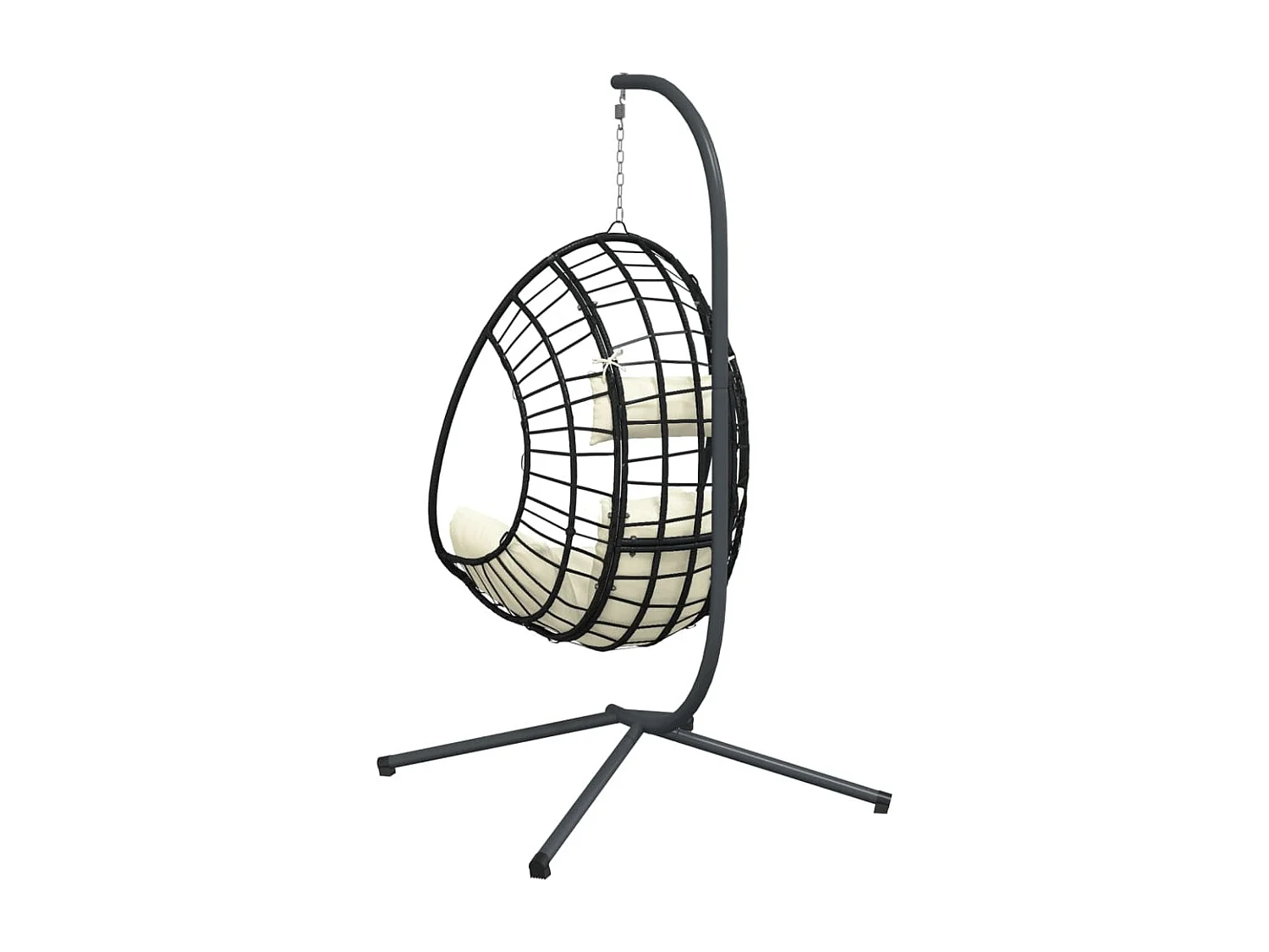 Eivormige hangstoel en beige rotan en stalen steun