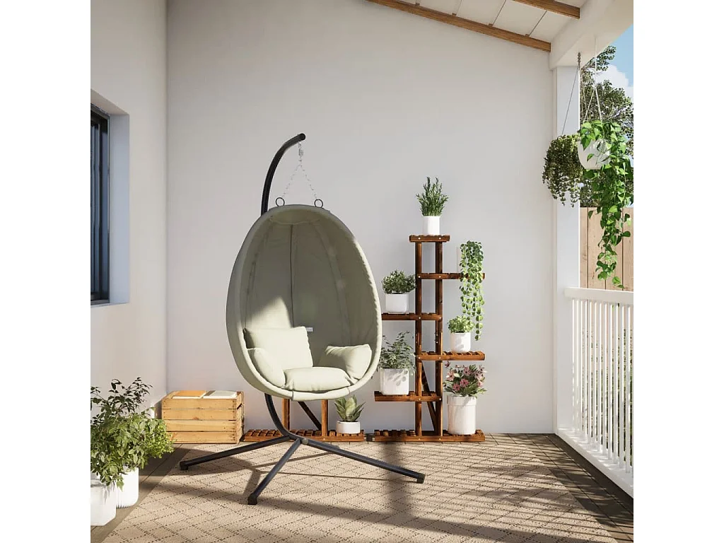 Chaise suspendue en forme d'œuf et support beige tissu et acier