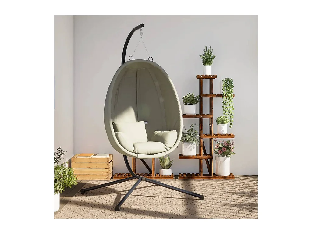 Chaise suspendue en forme d'œuf et support beige tissu et acier