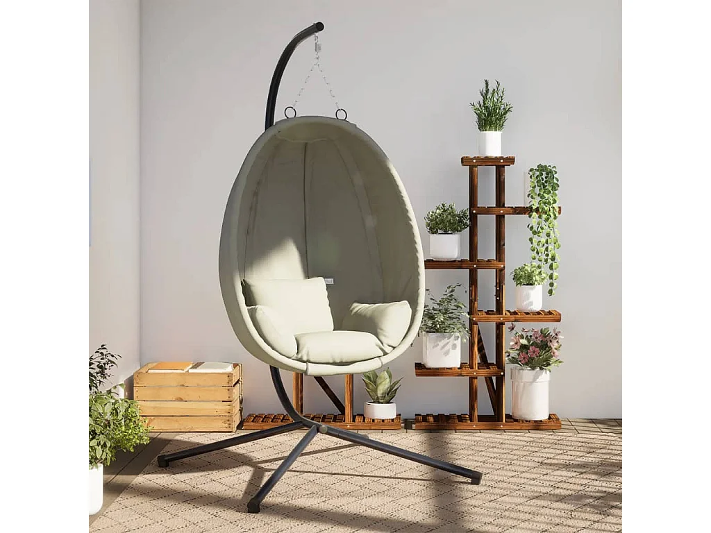 Chaise suspendue en forme d'œuf et support beige tissu et acier