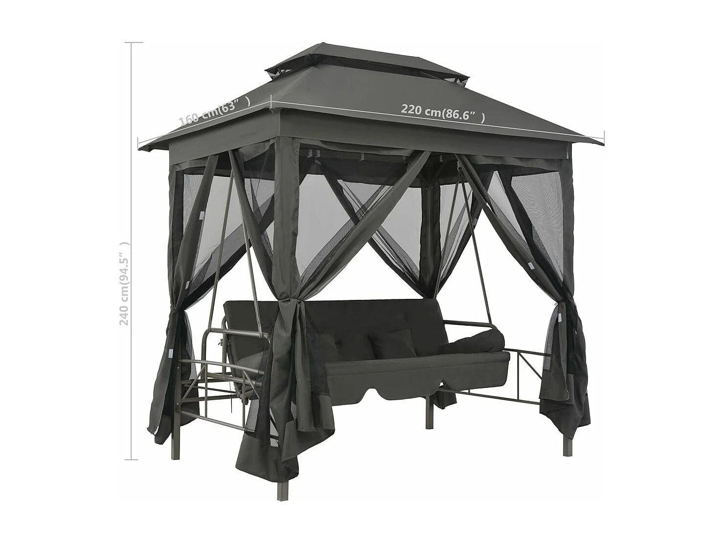 Balancelle convertible à auvent Anthracite 220x160x240 cm Acier