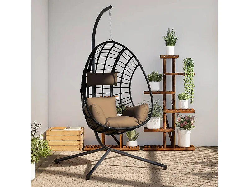 Cadeira suspensa em forma de ovo e rattan cinza e suporte de aço