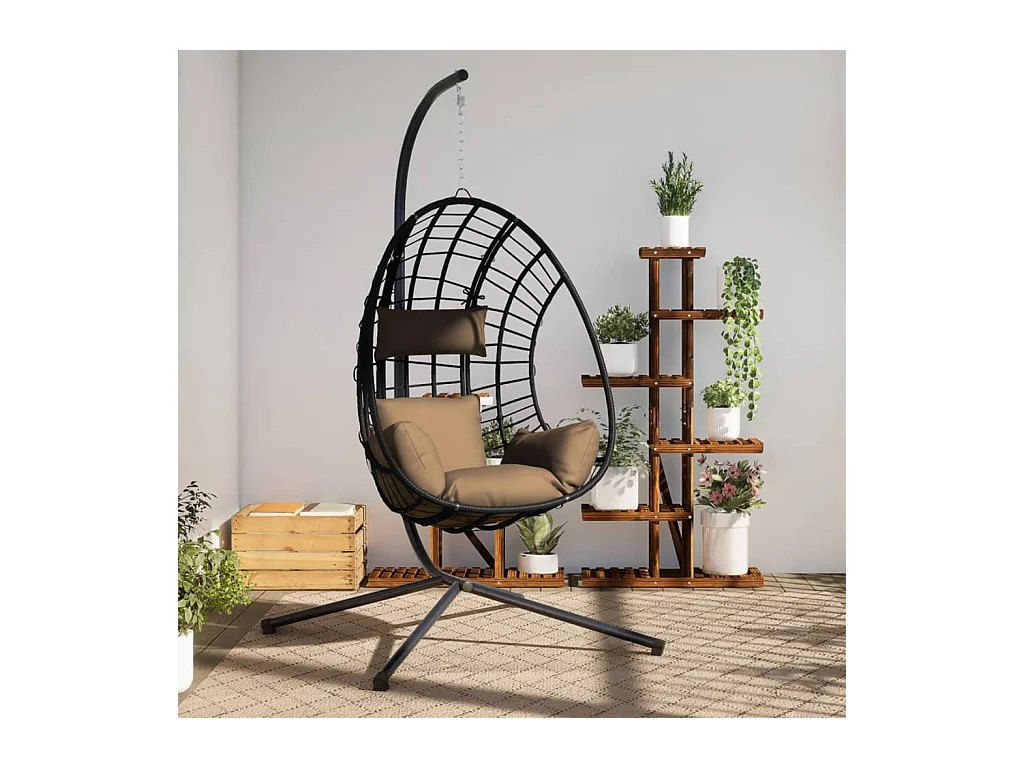 Silla colgante en forma de huevo y soporte de ratán y acero color topo