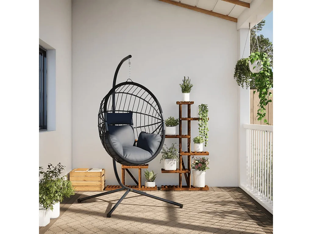 Chaise suspendue forme d'œuf et support gris clair rotin acier
