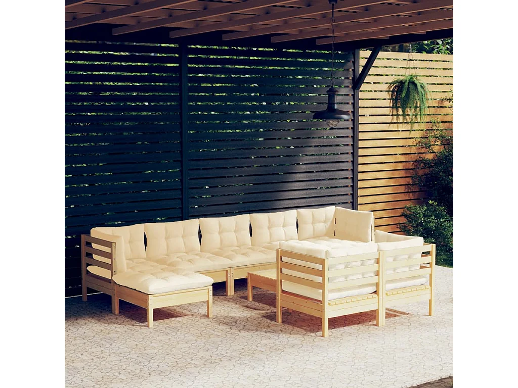 Salon de jardin 10 pcs avec coussins crème bois de pin massif