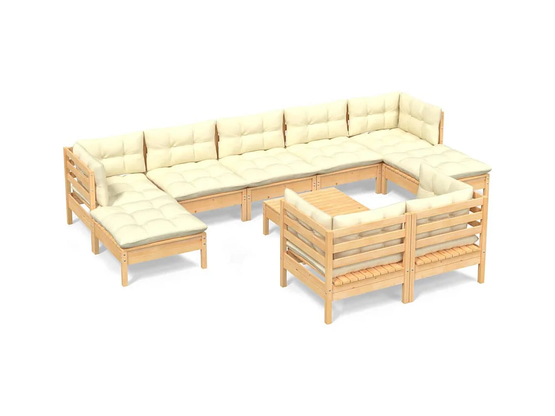 Salon de jardin 10 pcs avec coussins crème bois de pin massif